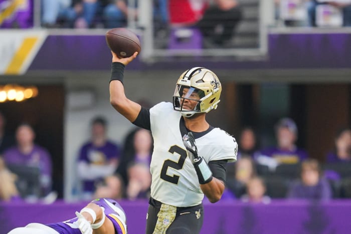 New Orleans Saints quarterback Jameis Winston (2) passes against the Minnesota Vikings. Mandatory Credit: Brad Rempel-USA TODAY Sports